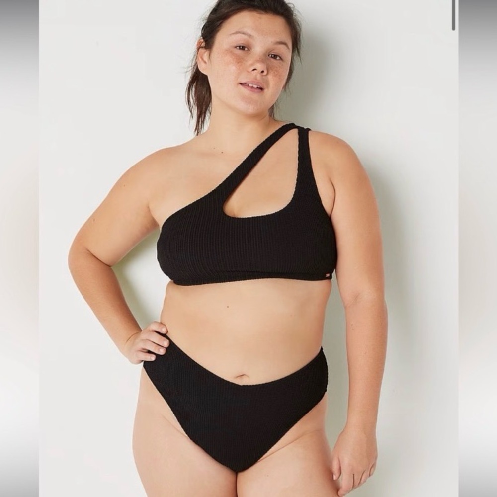 Victoria Secret PINK Bikini Black One Shoulder Ribbed Top High Waist Bottom L
